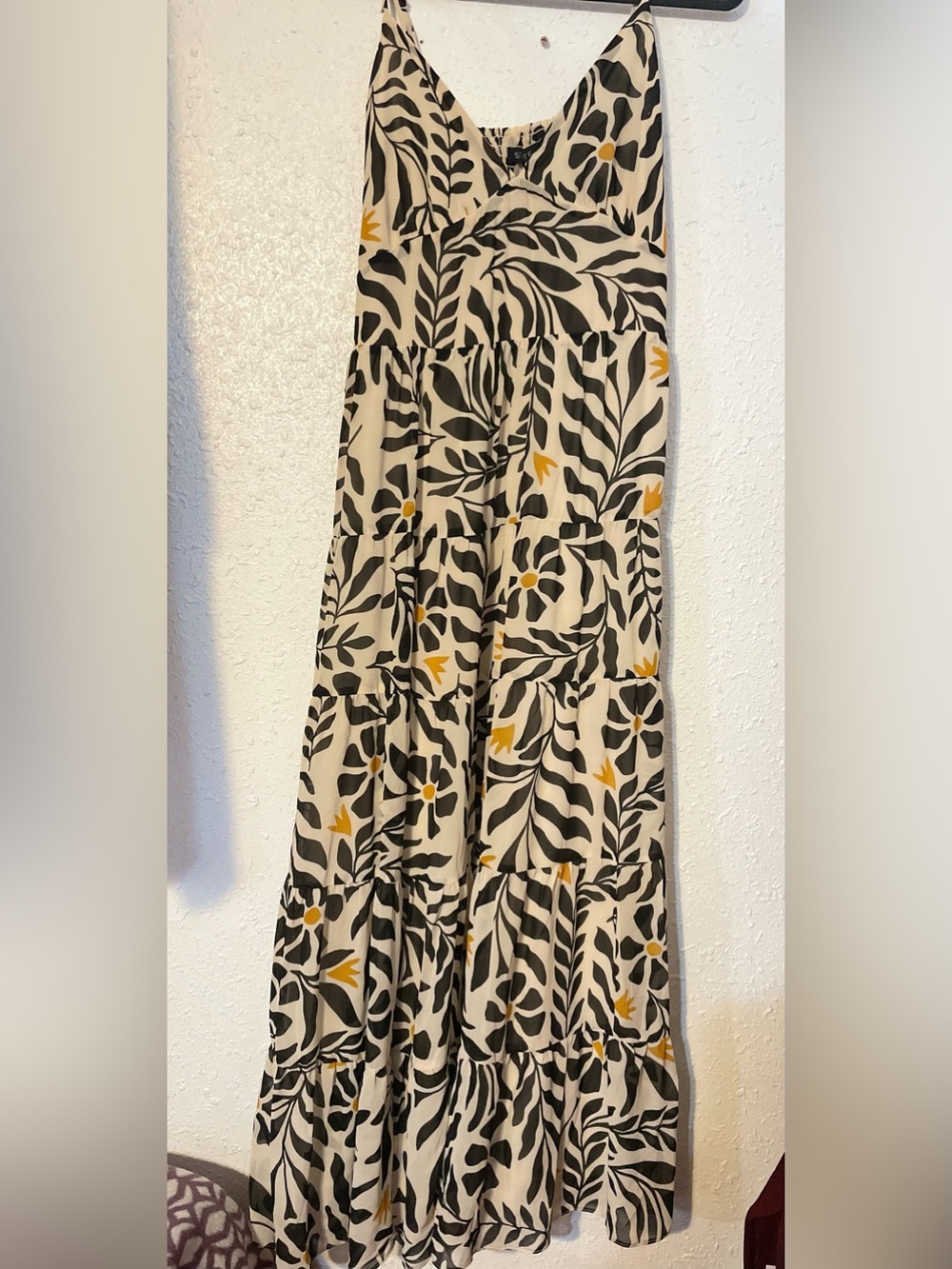 1. State Cream Maxi Skirt with Black Leaf and Mustard Floral Print